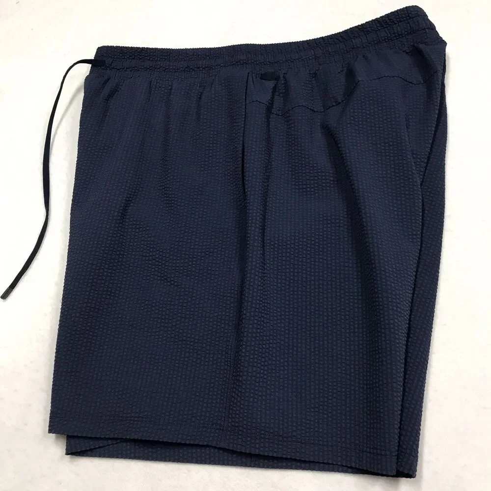 LULULEMON Textured Swim Short Men L Navy Blue Linerless Drawstring Stretch